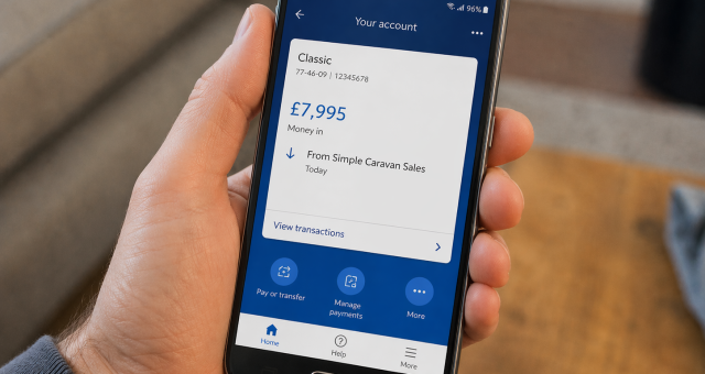 Customer holding a bank app getting paid by Simple Caravan Sales